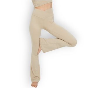 Aerie Real Me Crossover Flare Leggings Hi-Rise Folksy Handwork Tan